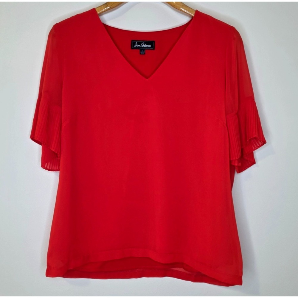 Sam Edelman Top Sz L Sheer Overlay Accordion Pleat Sleeve Blouse Office Career‎